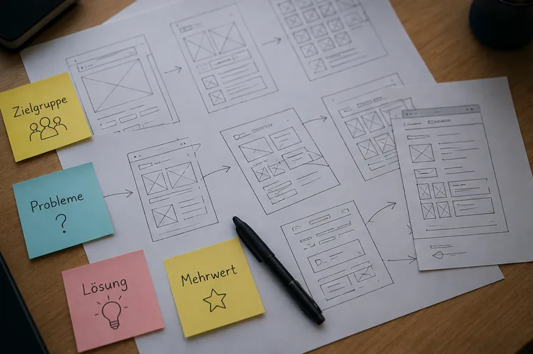 Wireframe-Skizzen und Haftnotizen mit Zielgruppe, Problemen, Lösung und Mehrwert auf einem Schreibtisch