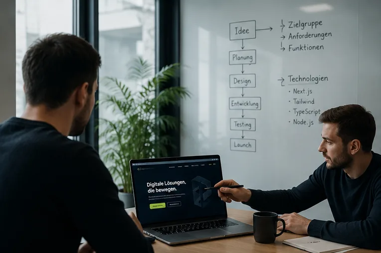 Beratungsgespräch am Whiteboard mit Projektablauf von der Idee bis zum Launch