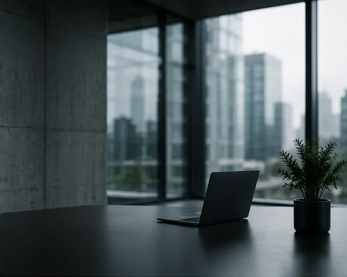 Ruhiger Arbeitsplatz mit Laptop am Fenster mit Blick auf die Stadt