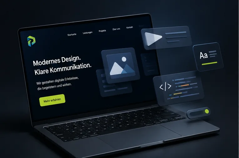 Laptop mit Interface-Bausteinen eines modernen Webdesigns