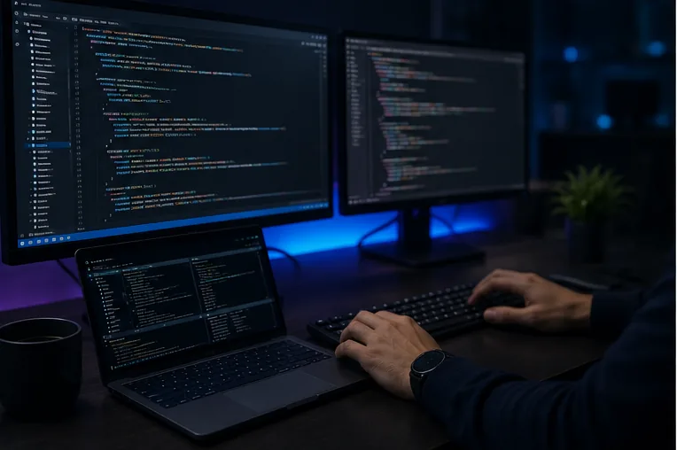 Entwickler arbeitet an zwei Monitoren mit Quellcode