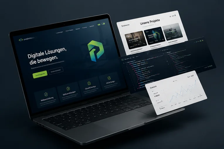 Laptop mit schwebenden Interface-Komponenten einer digitalen Lösung