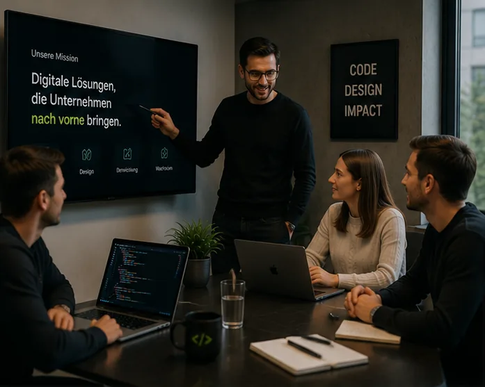 Präsentation der Projektausrichtung vor dem Team am großen Bildschirm
