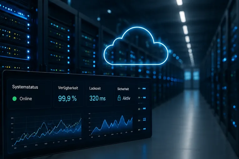 Monitoring-Ansicht mit Systemstatus vor einem Serverraum