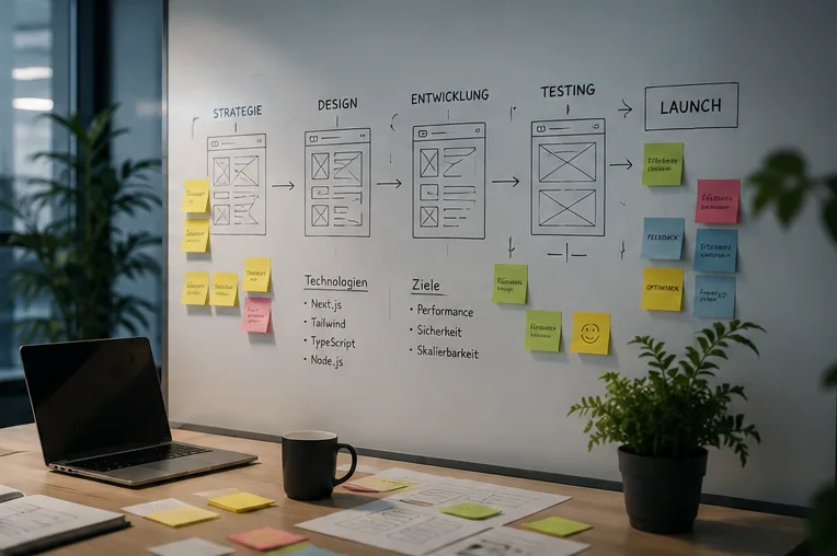 Whiteboard mit Projektphasen von Strategie über Design und Entwicklung bis Launch