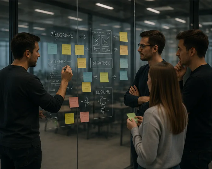Team entwickelt eine Strategie an der Glaswand mit Haftnotizen