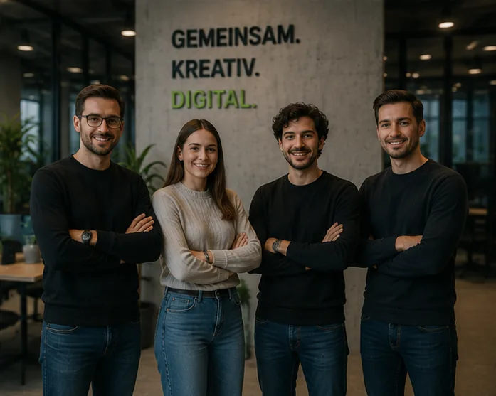 Das Team von projektcode.de vor der Wand mit dem Leitsatz Gemeinsam Kreativ Digital