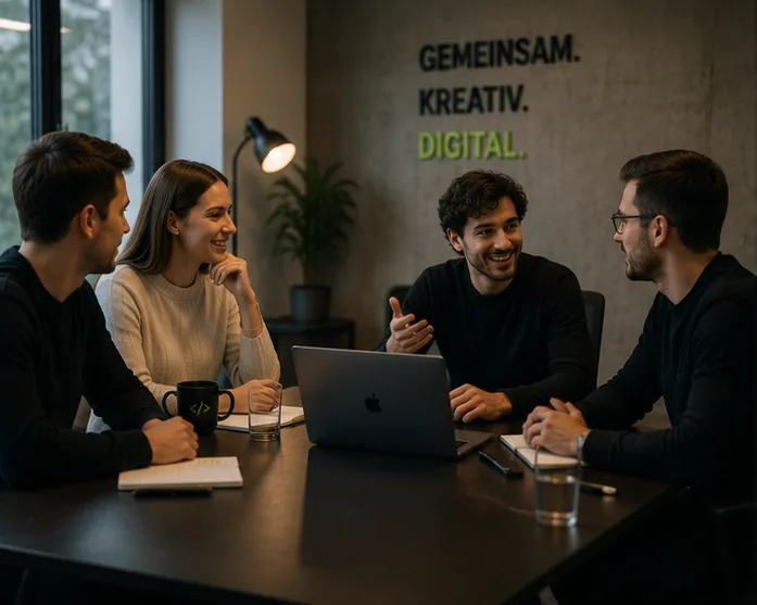 Team im Gespräch am Besprechungstisch mit Laptop