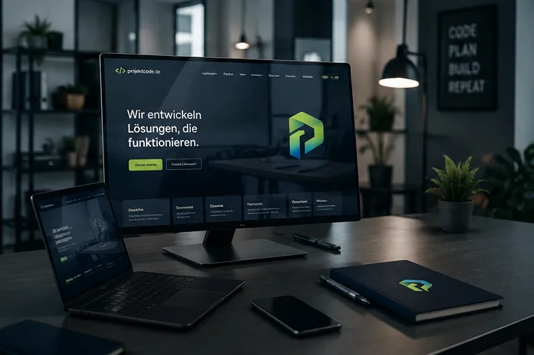 Monitor mit der Startseite von projektcode.de, daneben Laptop und Notizbuch mit Logo