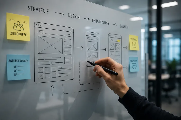 Hand zeichnet Website-Wireframes und Prozessschritte an ein Whiteboard