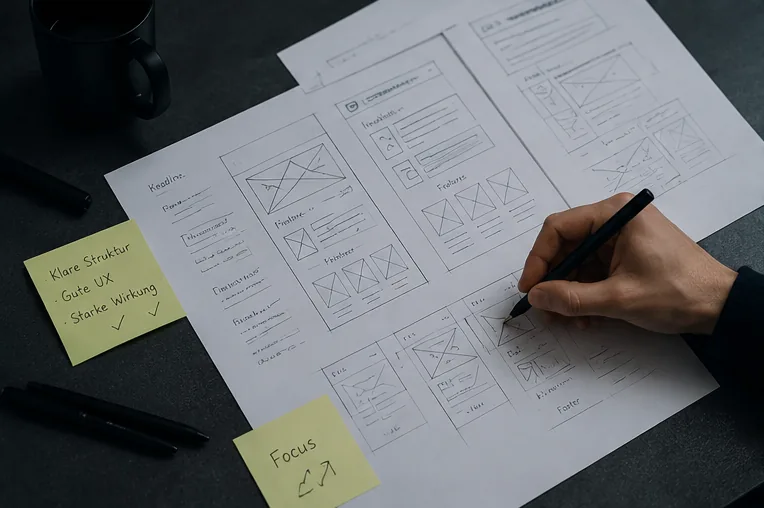 Hand skizziert Website-Wireframes auf Papier, daneben Haftnotizen mit klarer Struktur und guter Nutzerführung als Ziele