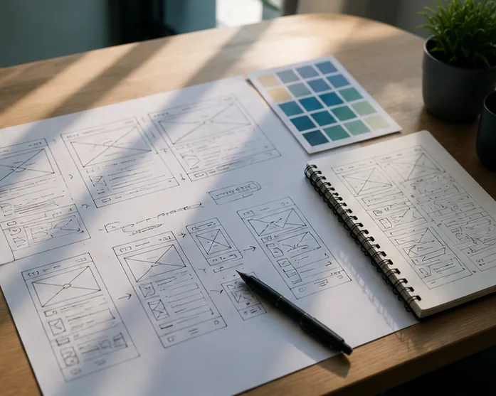 Wireframe-Skizzen und Farbpalette auf einem Schreibtisch